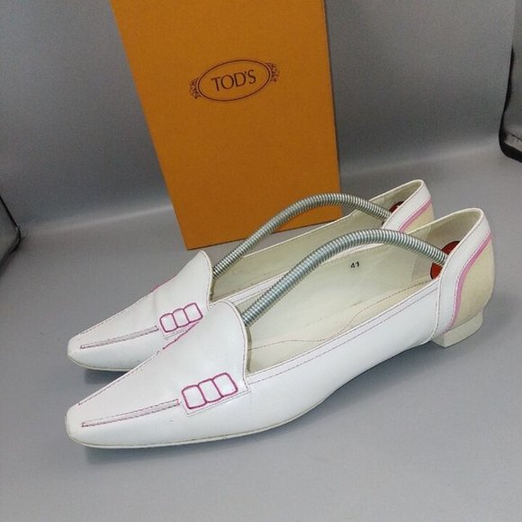 TOD'S White Leather Flat Shoes Size UK 8 EU 41 Eve Sport Pointed Toe Pink-Stitch - Picture 9 of 10